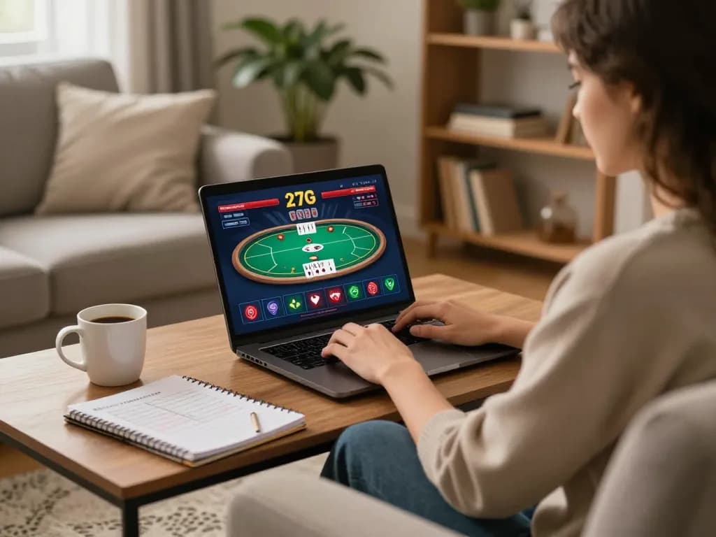 Engaging in online gaming through the 27G platform in a cozy home atmosphere with strategy notes visible.