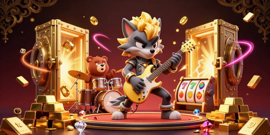 Engage in the thrilling atmosphere of 91 club as the rock star wolf performs, showcasing golden treasures and slot reels.