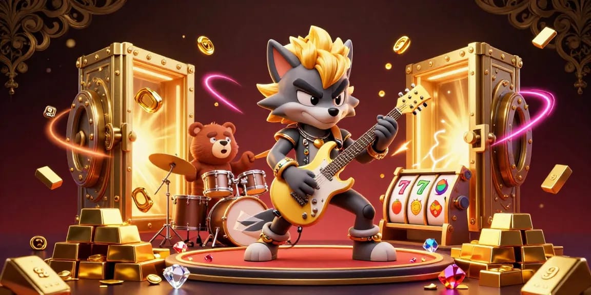 Engage in the thrilling atmosphere of 91 club as the rock star wolf performs, showcasing golden treasures and slot reels.