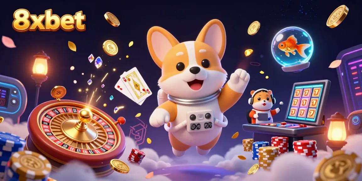 Experience thrilling gaming at 8xbet with a fun 3D illustration featuring vibrant casino elements.