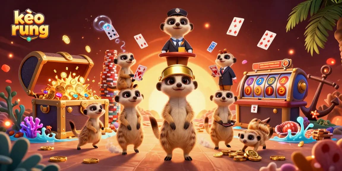 Experience the thrilling kèo rung action with cartoon meerkats running a vibrant casino, highlighting colorful gems and golden coins.