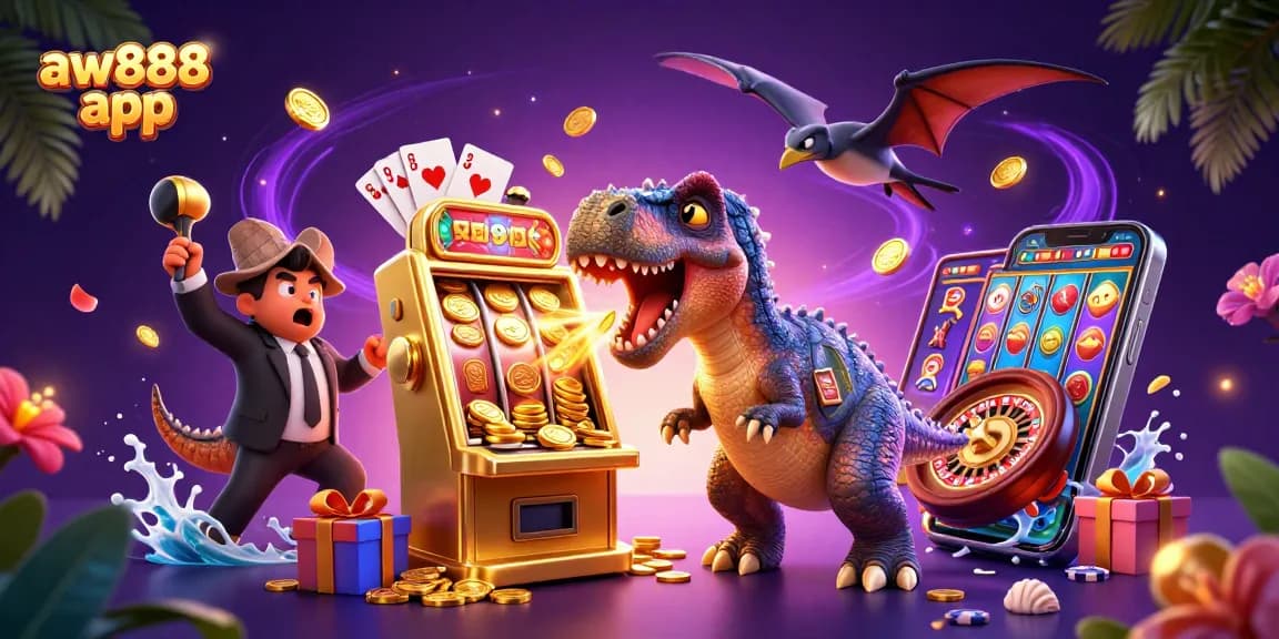 Win big with the aw888 app as a dinosaur thrills in a vibrant casino scene!