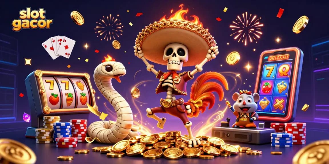 Experience the thrill of slot gacor with a mariachi rooster, mummy, and DJ hamster celebrating wins amidst vibrant casino elements.