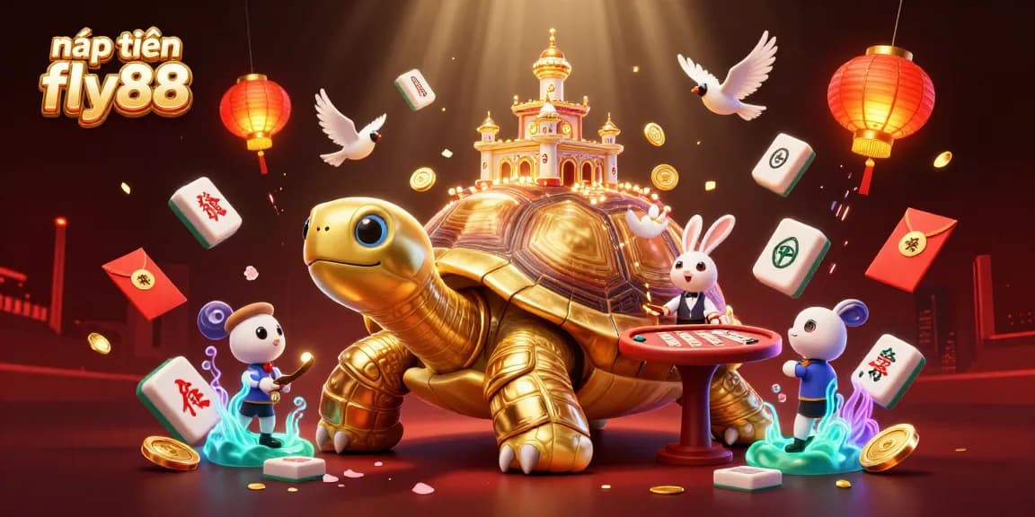 Nạp tiền fly88 with a 3D cartoon illustration showcasing a giant golden tortoise casino, featuring a rabbit dealer and flying golden coins.