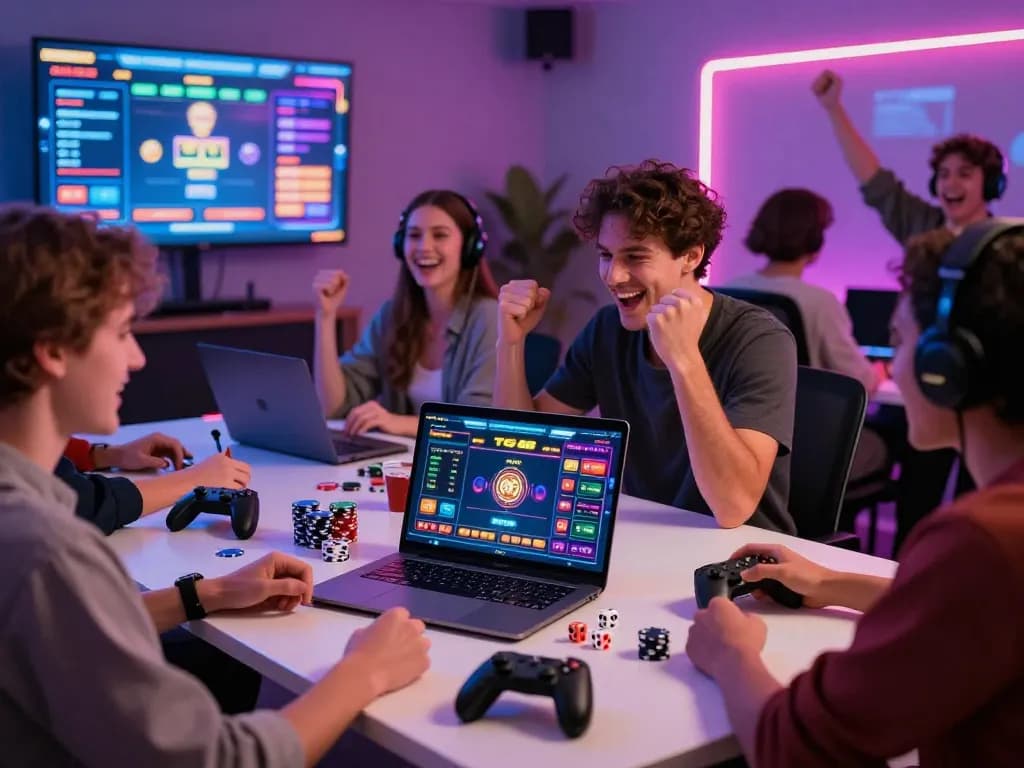 Players celebrating a win on TG 88 online gaming platform with vibrant atmosphere and gaming equipment.