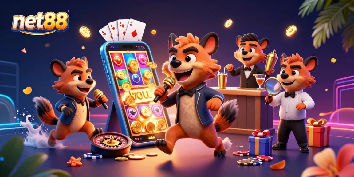 Experience the excitement of net88 with a lively hyena comedy casino scene featuring vibrant gaming elements.