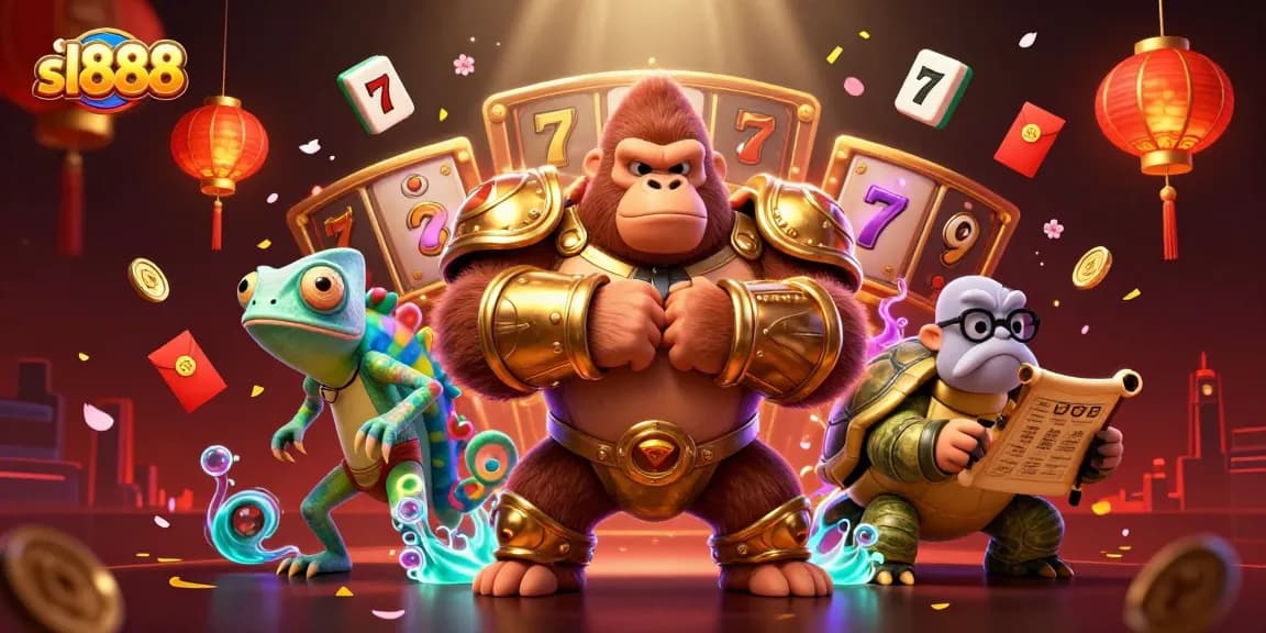 Spin the reels with sl888 in this vibrant 3D scene of gambling excitement featuring a gorilla king and animated casino elements.