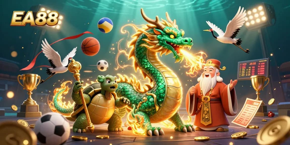 Engage with EA88's epic gambling scene featuring a majestic dragon and dynamic sports elements.