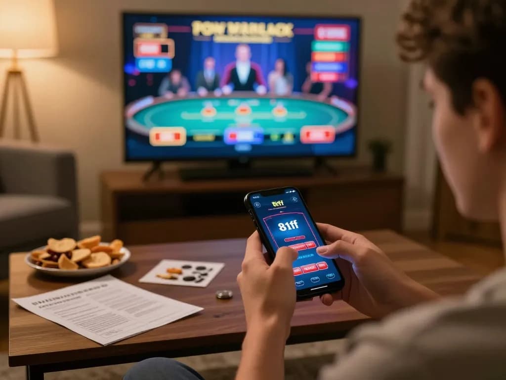 Player enjoying casino games on the 81ff app in a cozy home setting with snacks and strategy notes.