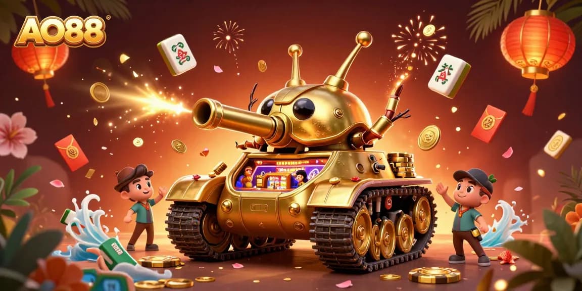 Experience the thrill at AO88 with a vibrant 3D illustration of a dynamic casino inside a golden beetle tank.