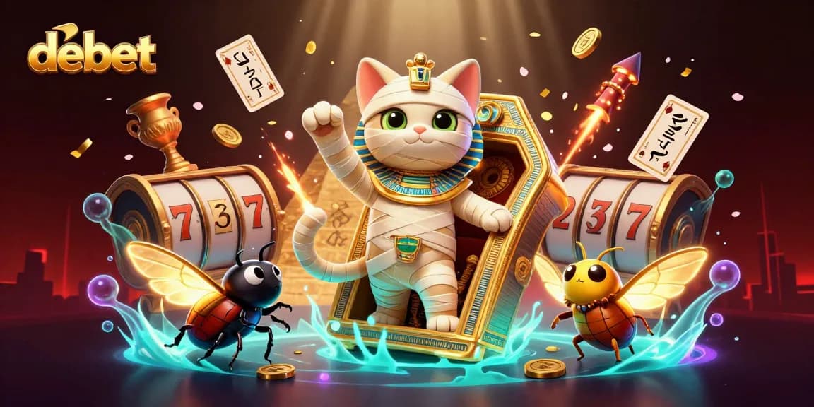 Engage with debet casino excitement through a vibrant scene of 3D characters and slot elements.