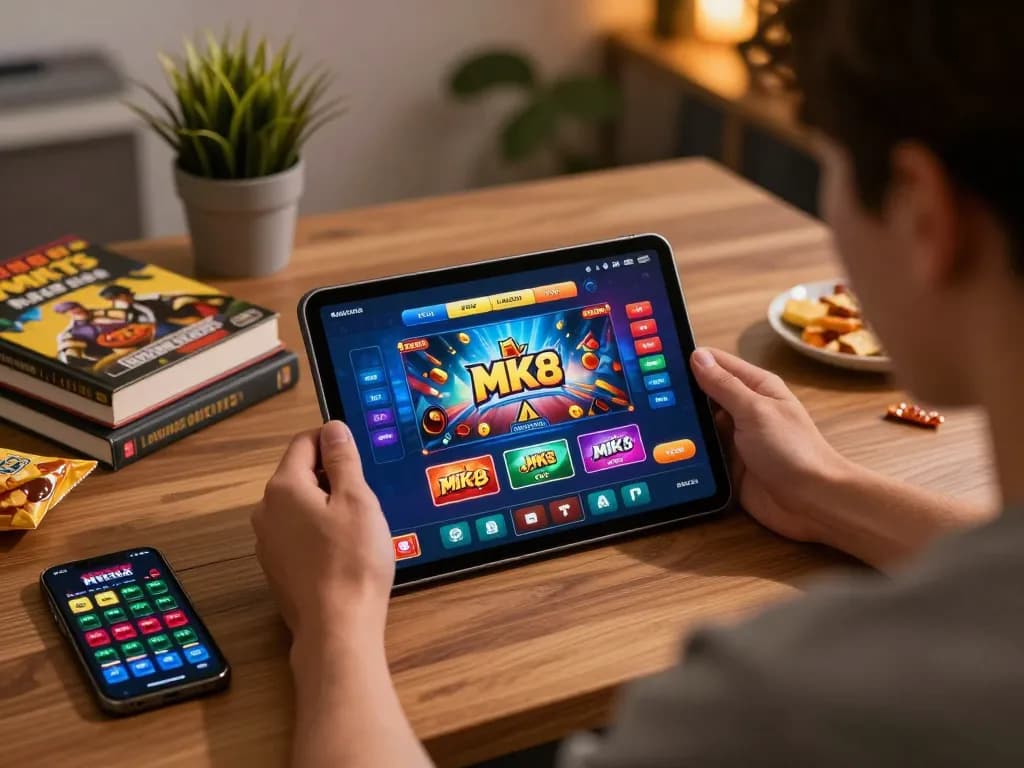 Player engaging with MK8 casino app on tablet, showcasing online gambling strategy and responsible entertainment.
