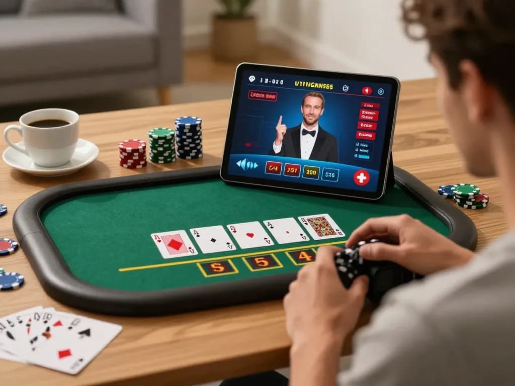 F8BET player placing strategic bets on an online blackjack game in a cozy home setting
