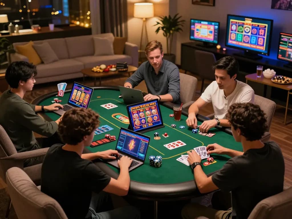 Players enjoying online casino gaming with 888NEW platforms, showcasing vibrant game screens and social engagement.