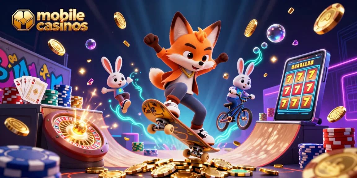 Experience mobile casinos with a dynamic scene of a skateboarder fox and BMX rabbit amidst casino symbols.