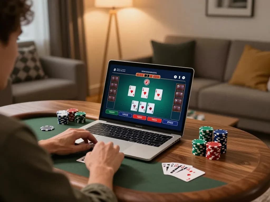 75W engaged player in online poker, showing strategy and intensity at home table