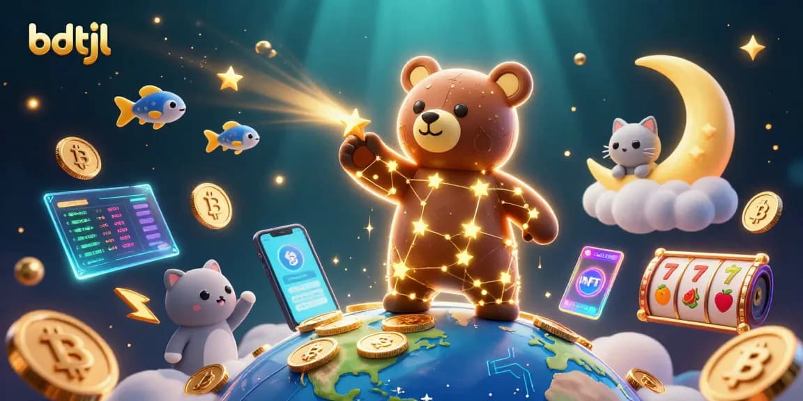Engage with bdtjl's casino experience featuring a 3D constellation bear, glowing crypto coins, and vibrant slot reels.