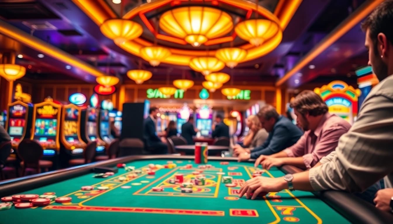 Découvrez un casino usdt trc20 en pleine action avec des joueurs concentrés et des jetons colorés.