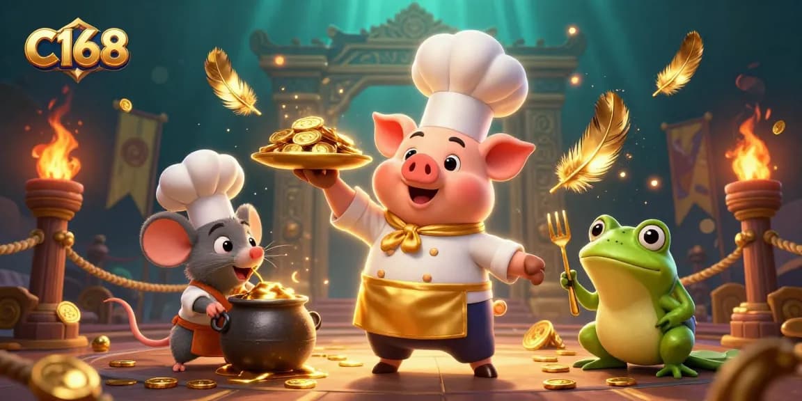 Experience the excitement of C168 with a dynamic casino scene featuring a chef pig and golden coins.