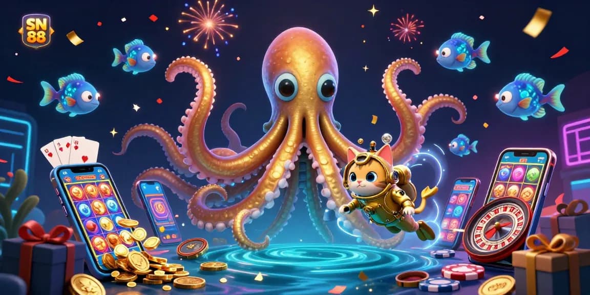 Engage with the thrilling world of SN 88 as a colossal kraken and diving cat unveil treasures amid vibrant casino symbols.