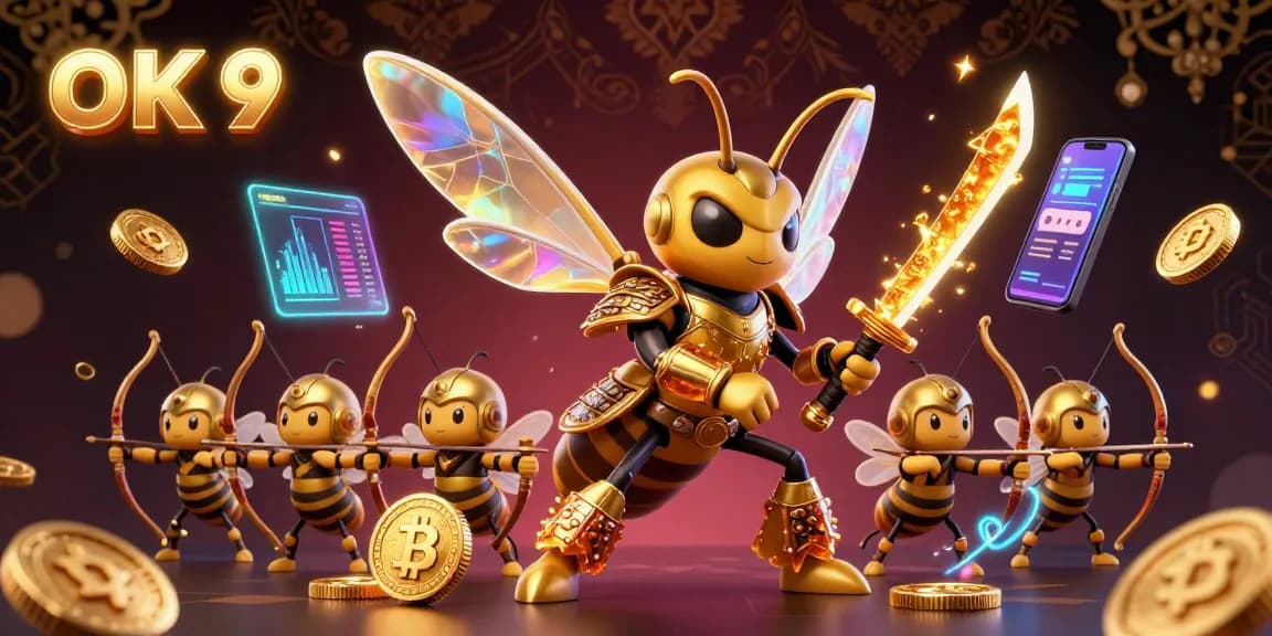 Engage with OK 9's vibrant casino experience featuring a golden hornet samurai amidst crypto elements.