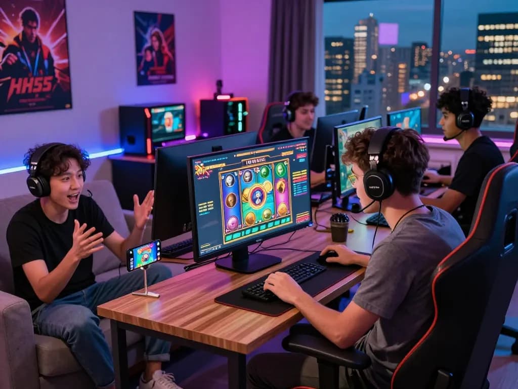 Gamers enjoying the HH55 online gaming platform with vibrant screens and engaging setups.