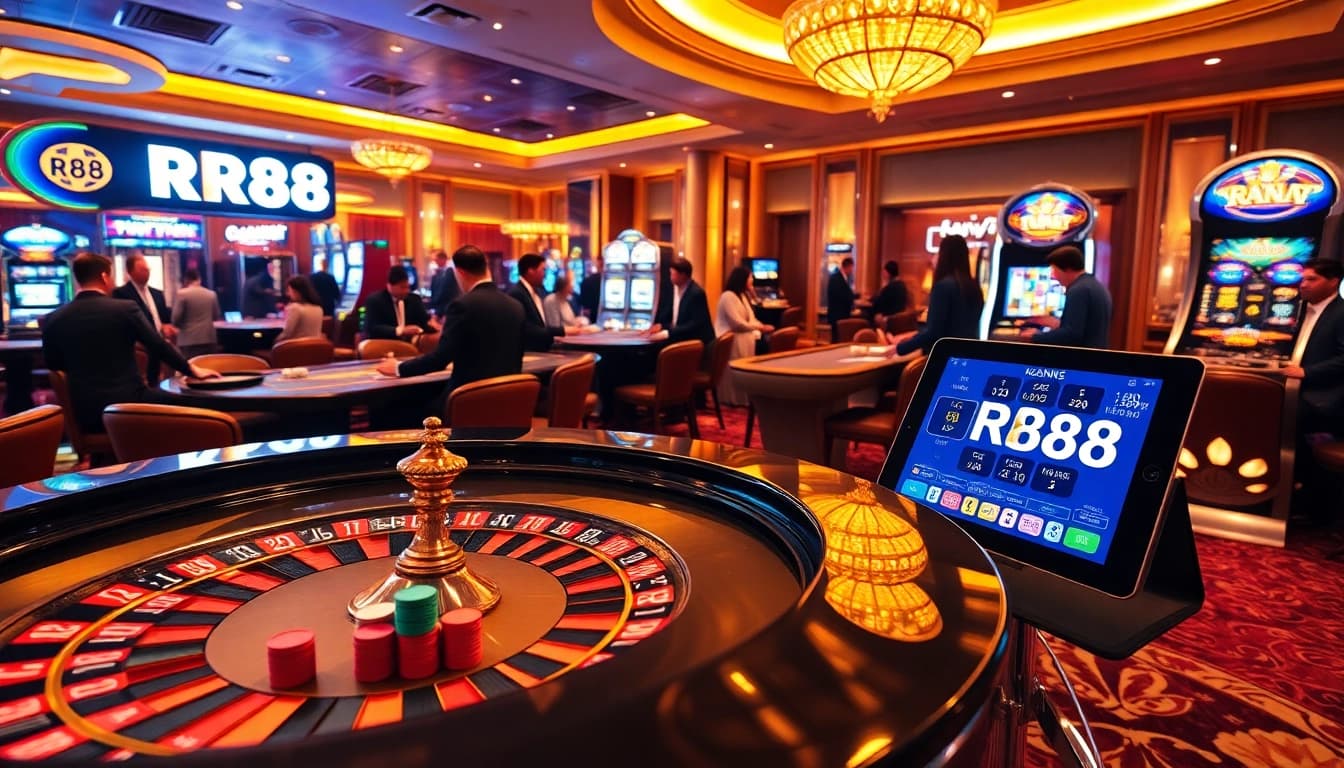 RR88 casino scene showcasing vibrant roulette, poker, and slot games.