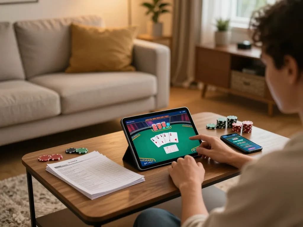 Player enjoying online casino gaming on tablet in cozy home setting with thabete interface visible.