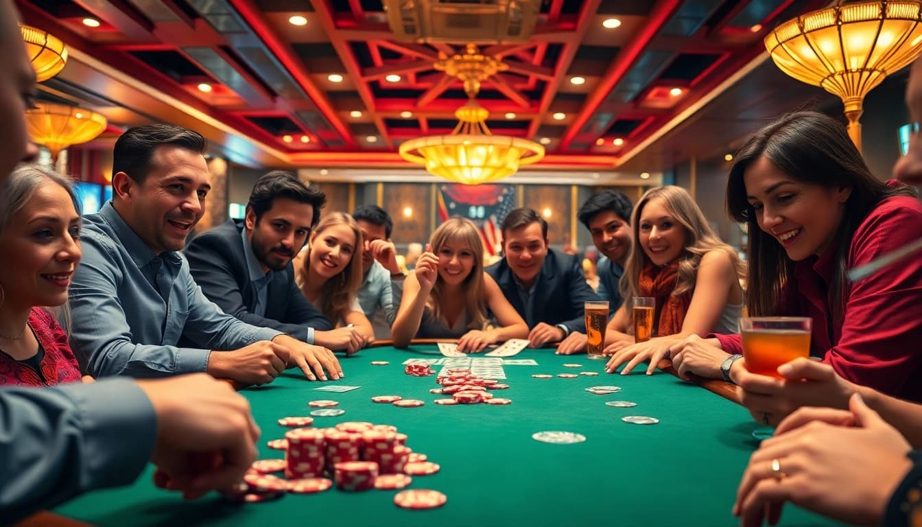 Menampilkan aksi di: https://abrakamakra.cz/jak-vyrobit-hackovanou-meduzu/ yang menggambarkan permainan poker meja di kasino.
