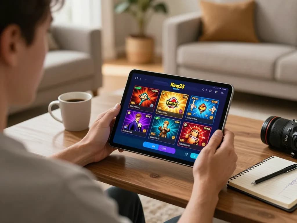 Engaged player using the king33 app for online casino gaming in a cozy home setting