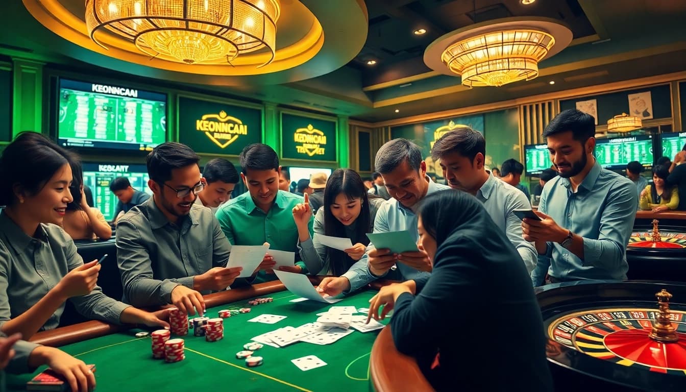 Engaging gamblers at a casino table analyzing KEONHACAI betting odds during an exciting sports match.
