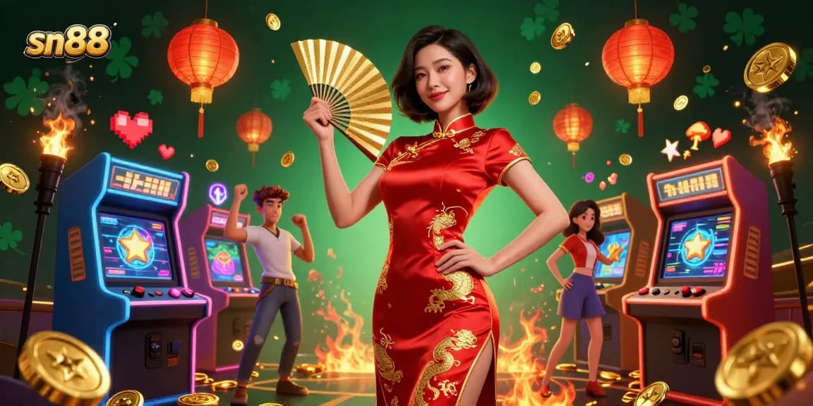 Experience the excitement of sn88 casino with vibrant illustrations of gaming elements and a stunning central character.