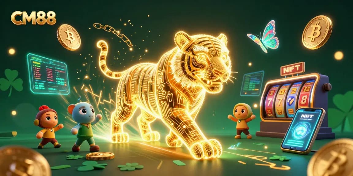 Engage with CM88's vibrant digital casino world featuring a neon tiger and crypto elements