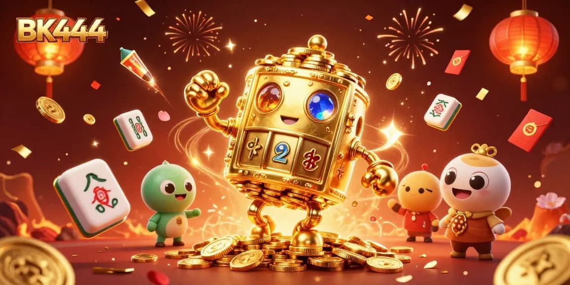 Experience thrilling wins at BK444 with a vibrant, gold-themed casino illustration showcasing dynamic gaming elements.