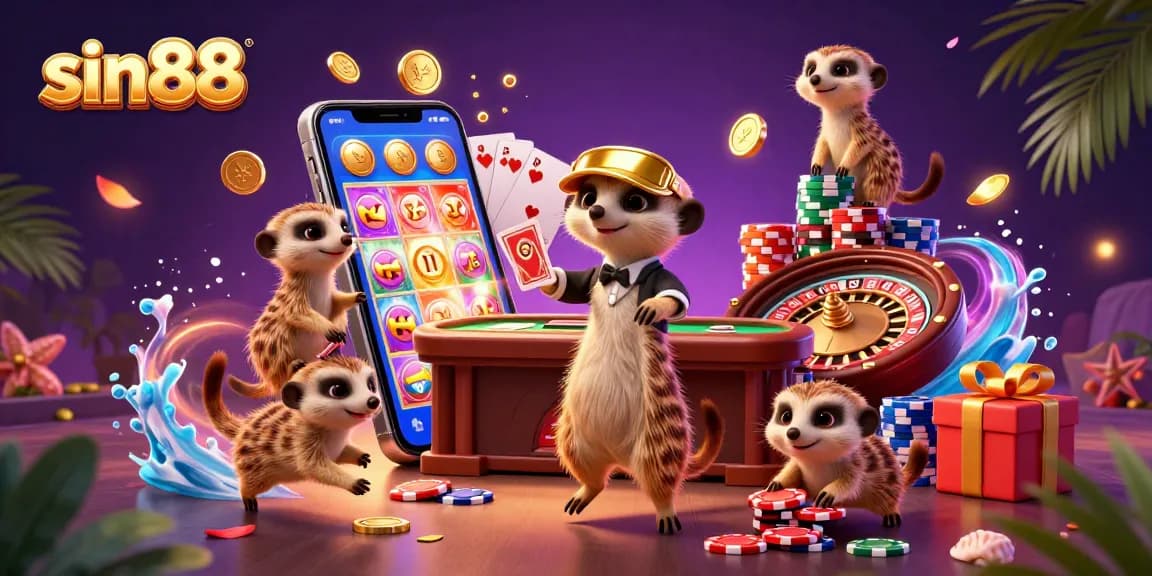 Players win at sin88 casino with meerkats hosting games, featuring colorful slot symbols and dynamic casino elements.