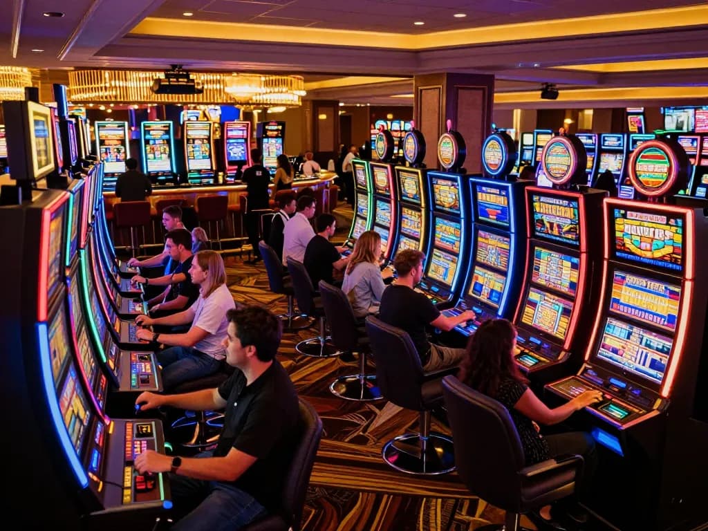 Engaging players at the DA88 casino enjoy vibrant slot machine excitement and neon ambiance