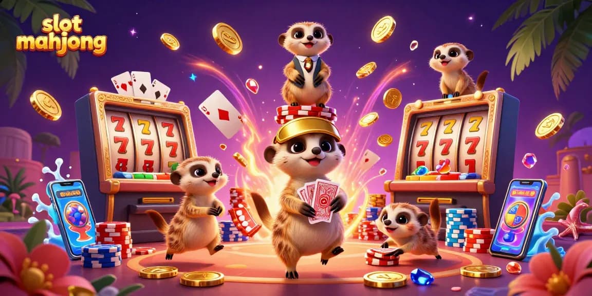 Engage with slot mahjong in a vibrant 3D casino scene featuring playful meerkats and exciting game elements.