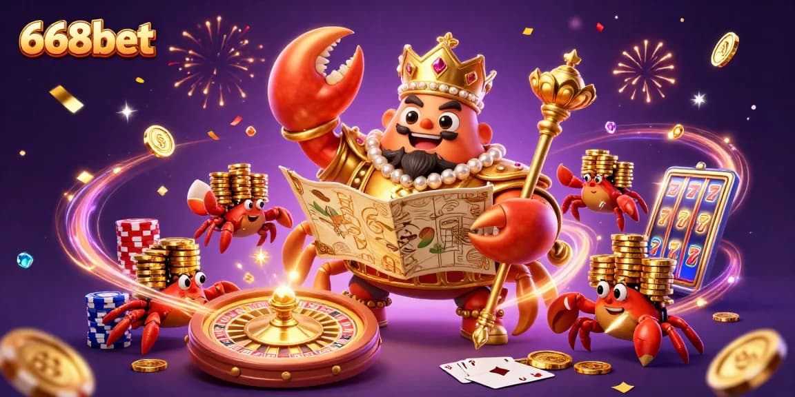 Spin and win at 668bet with a fantastic 3D casino scene featuring a golden crab emperor.