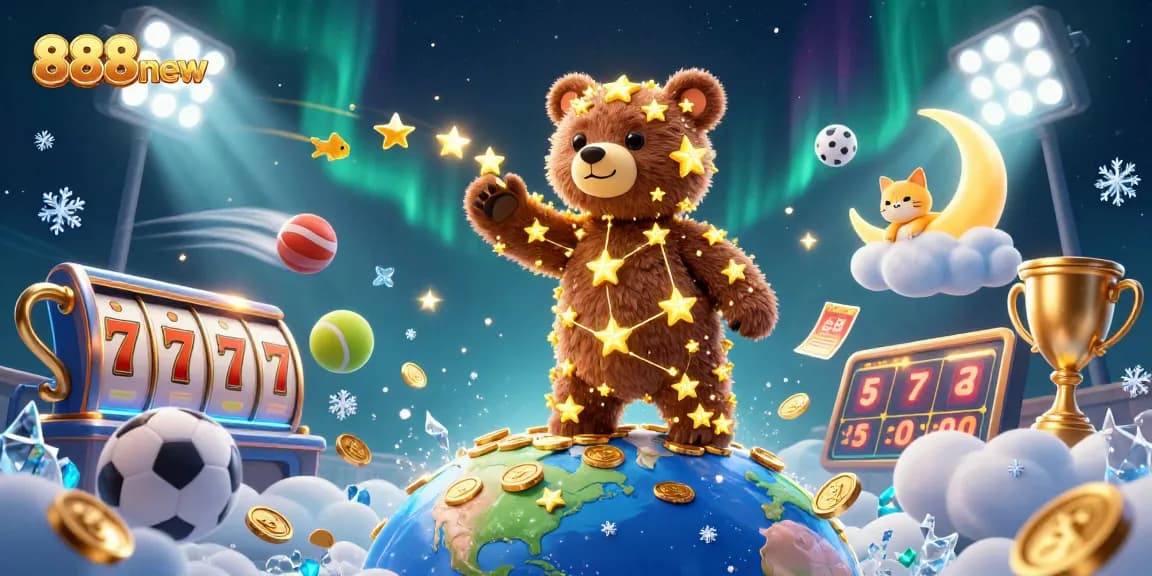 Experience thrilling wins with 888new in this captivating illustration of a constellation bear and dynamic games.