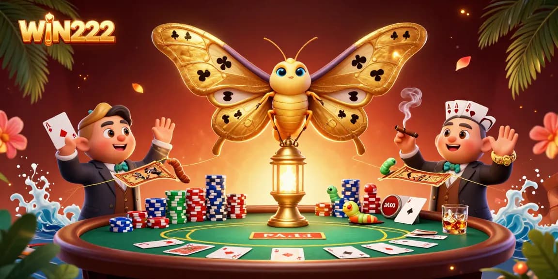 Experience the thrill of WIN222 with vivid casino elements around a golden moth, showcasing vibrant gaming scenes.