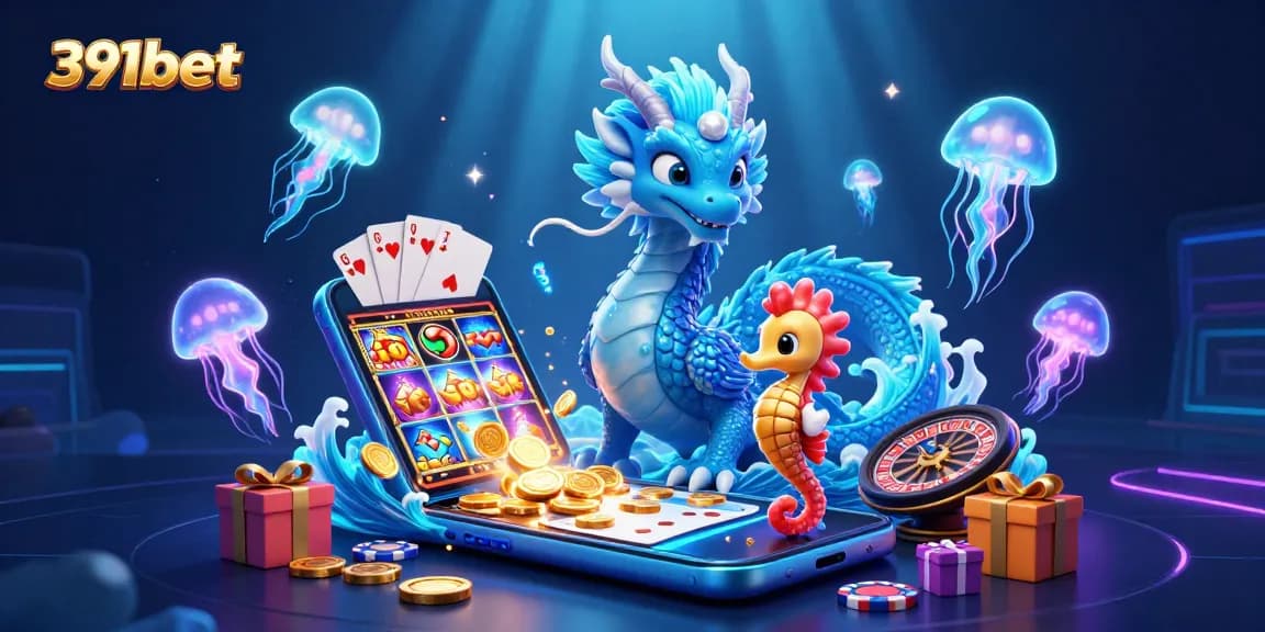 391bet offers thrilling casino action with a dragon, seahorse knight, and glowing jellyfish.