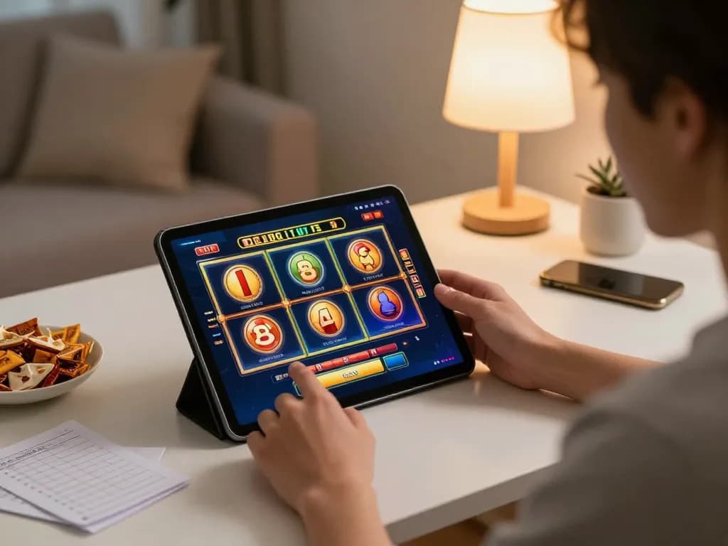 Engaging with online slots at home using jjnn app on tablet, showing strategy notes.