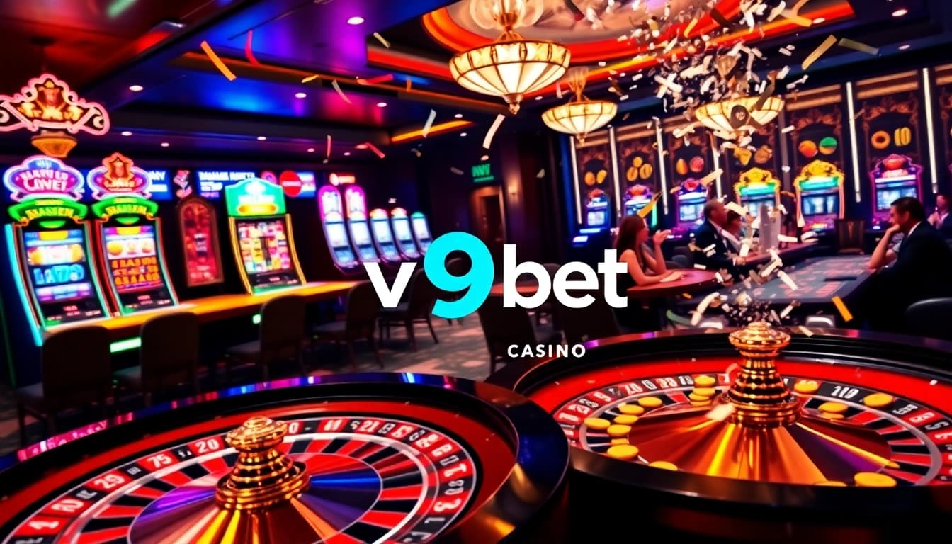 Experience gaming excitement with v9 bet at a luxurious casino featuring vibrant tables and engaging players.