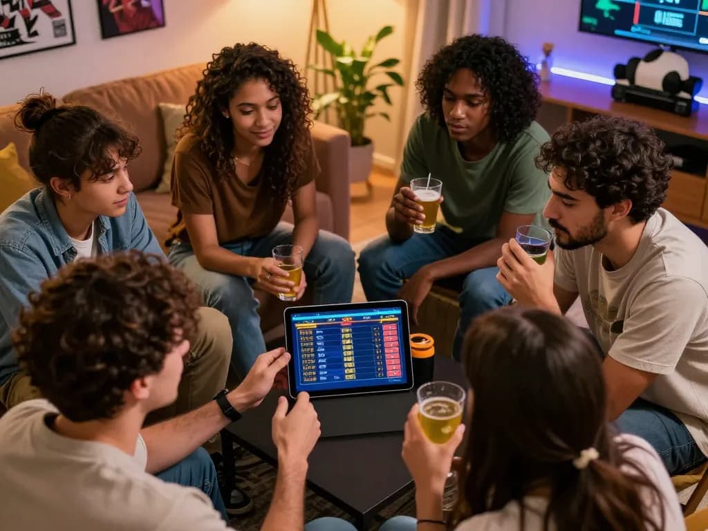 Friends analyzing odds on the 27G betting app during a lively game night.
