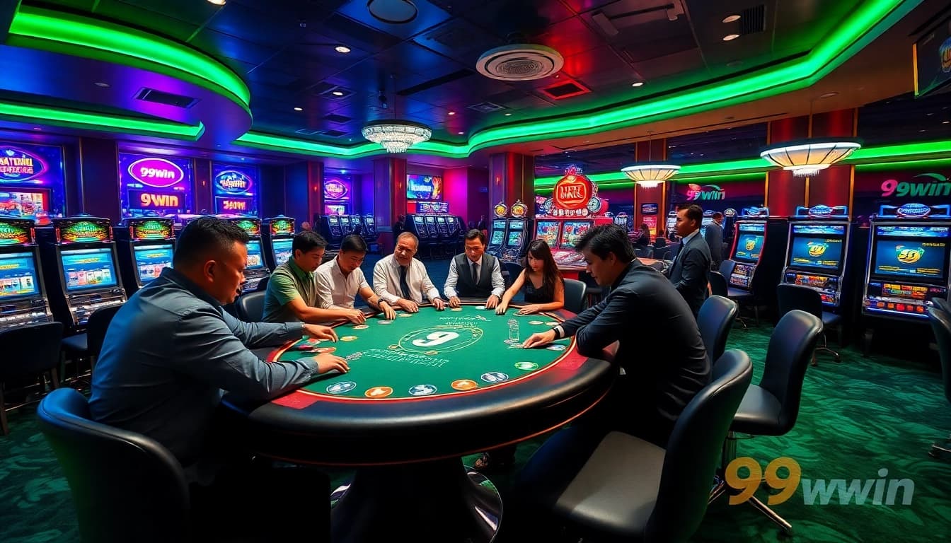 99win players enjoying high-stakes poker in a luxurious casino setting with vibrant neon lights.