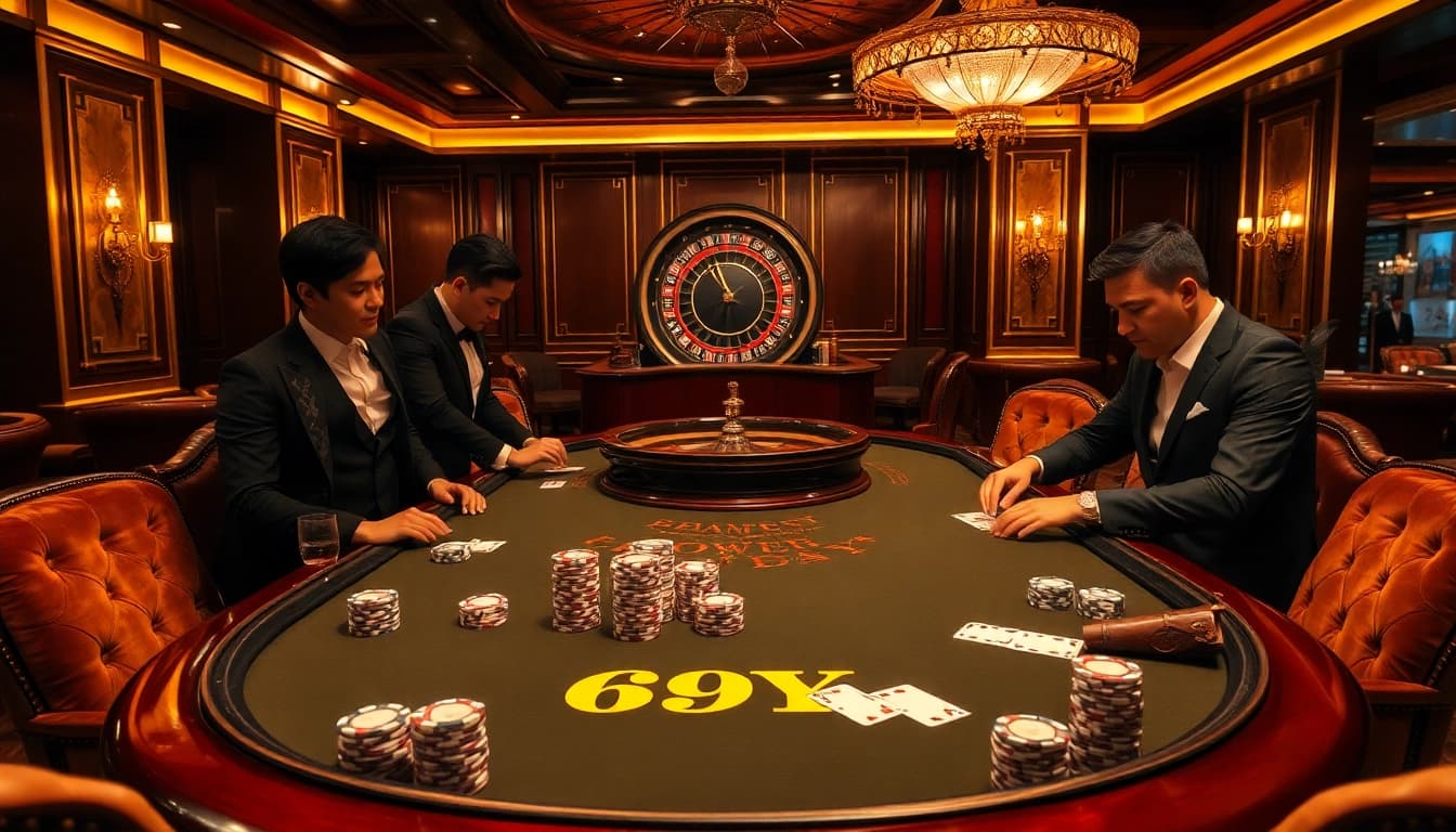 Viva a emoção de jogar 69Y em uma mesa de cassino de alto padrão, cercada por jogadores elegantes.