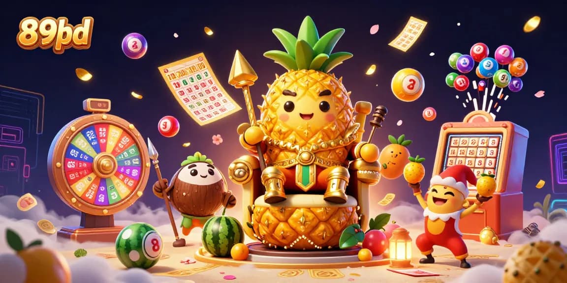89bd casino illustration with a golden pineapple king and vibrant lottery elements