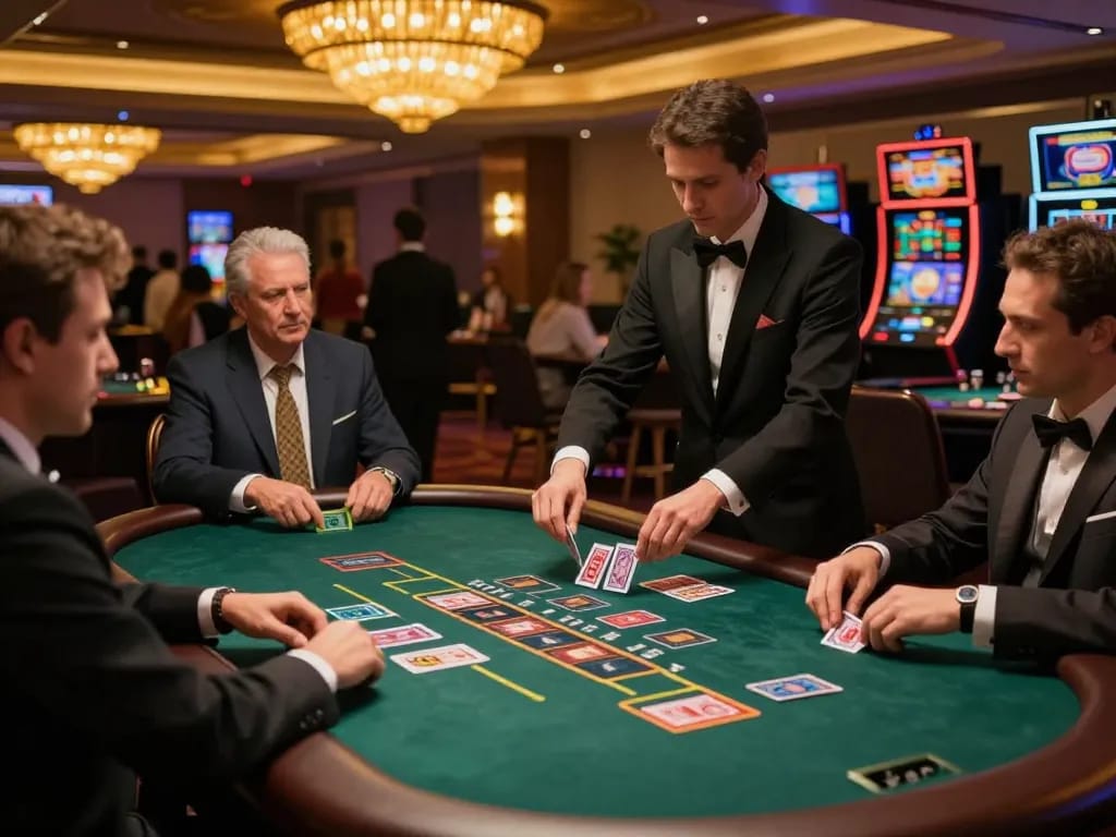 Cena de blackjack cheia de ação no cassino HH55 com jogadores estrategizando e dealer em movimento