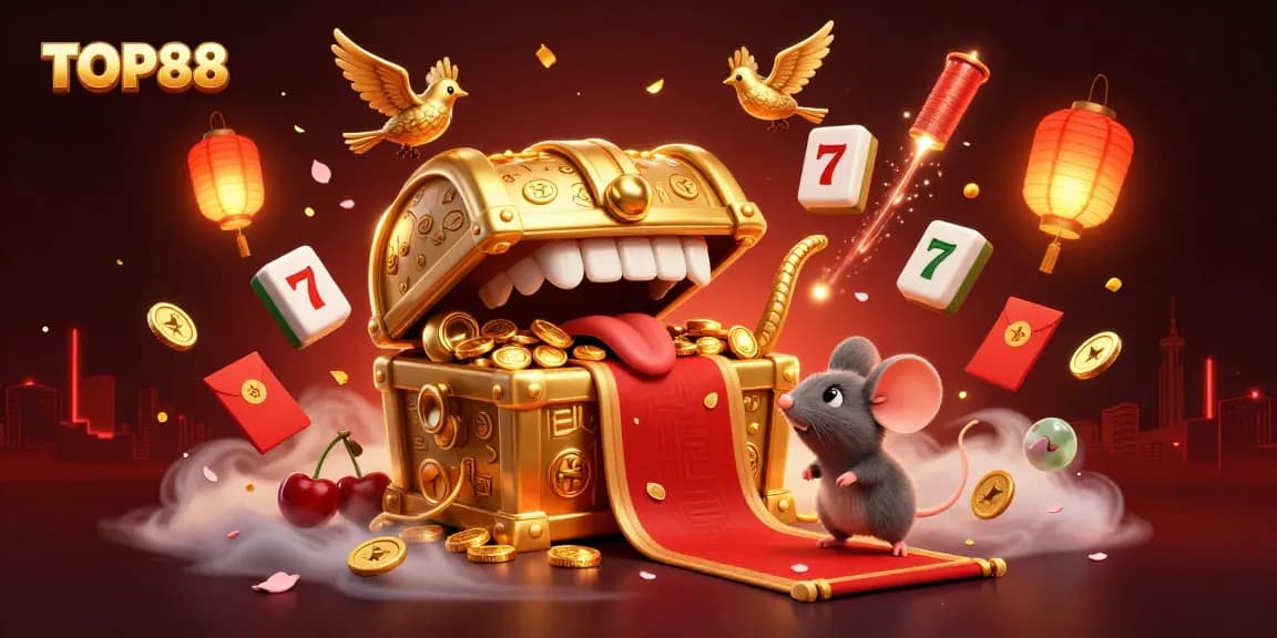 TOP88 players attract wealth with vibrant cartoon treasure chest illustration amidst dynamic gaming symbols.