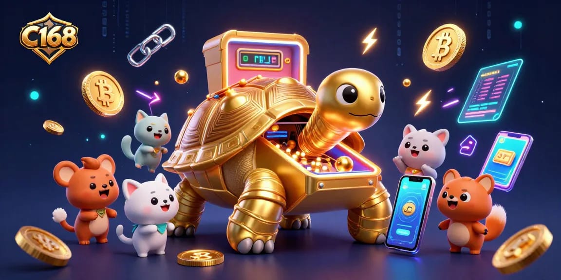 C168 players enjoy vibrant gaming atmosphere with golden tortoise pinball machine and crypto elements.